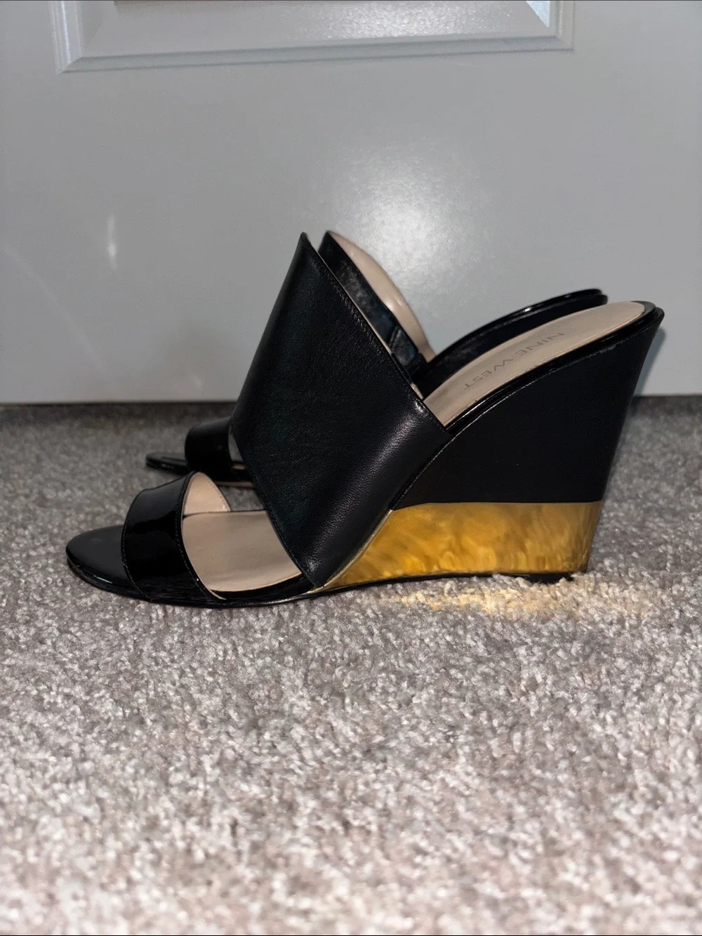 Nine West Black Wedge Sandals with Gold Wedge Detail
